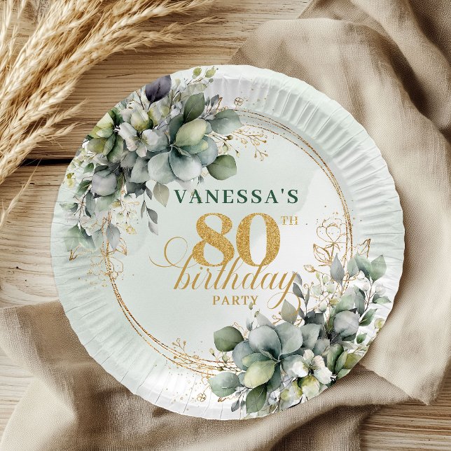 Dusty Green Botanical Foliage 80th Birthday Plates (Dusty Green Botanical Foliage 80th Birthday Plates)