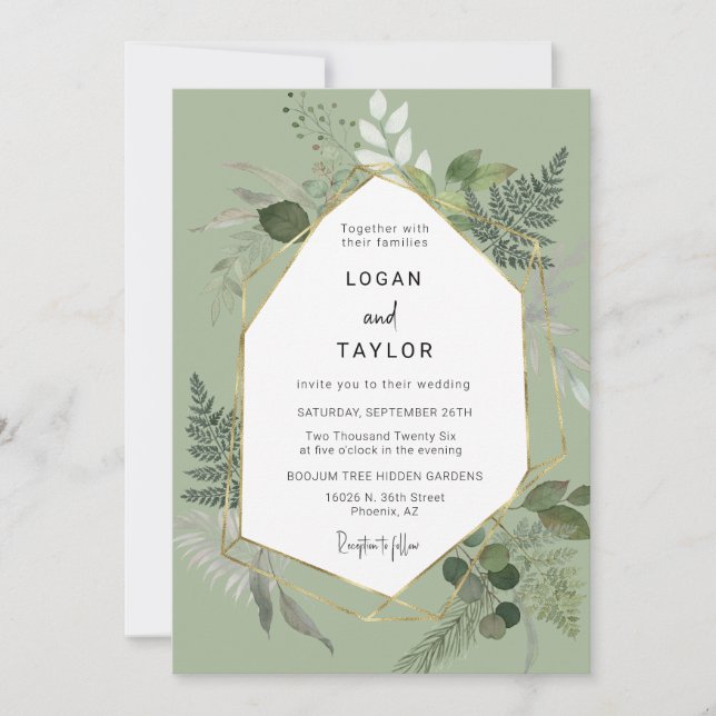 Dusty Green Botanical Greenery Gold QR Code Photo Invitation (Front)