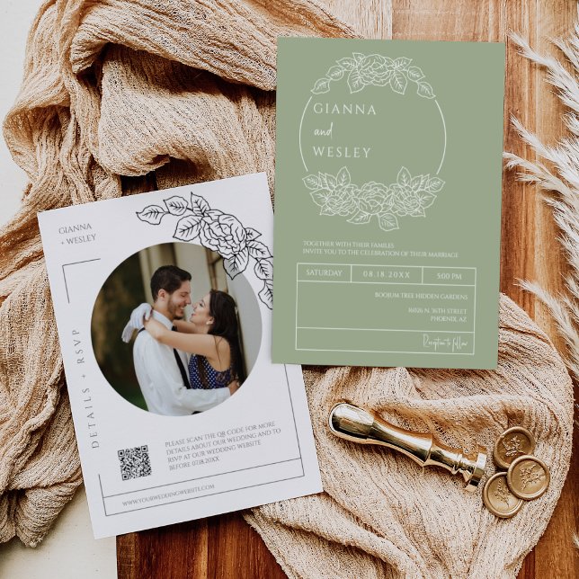 Dusty Green Botanical Line Art Boho QR Code Photo  Invitation (Creator Uploaded)