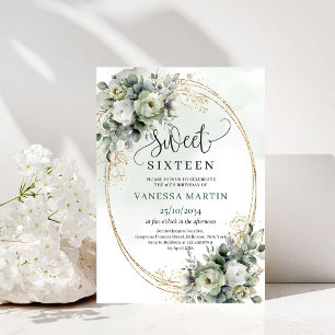 Dusty Green Botanical Sweet 16 Watercolor Invite