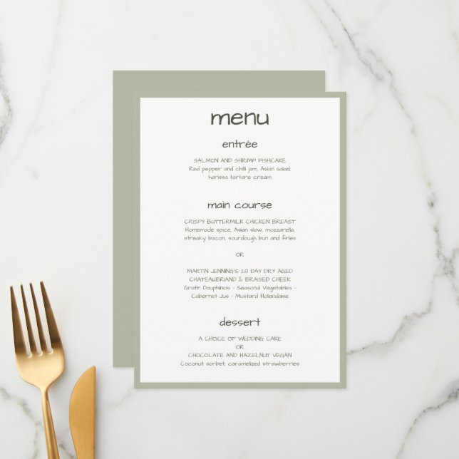 Dusty Green Casual Handwriting Minimalist Modern Menu (Front/Back In Situ)