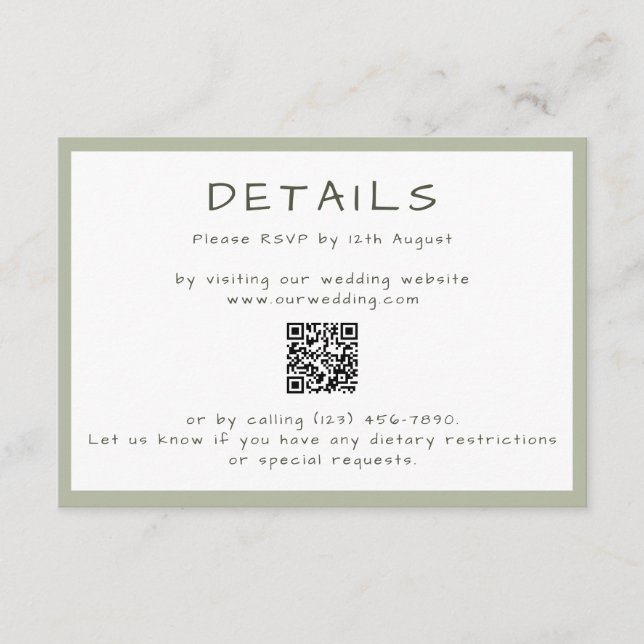 Dusty Green Casual Handwriting QR Details Enclosure Card (Front)