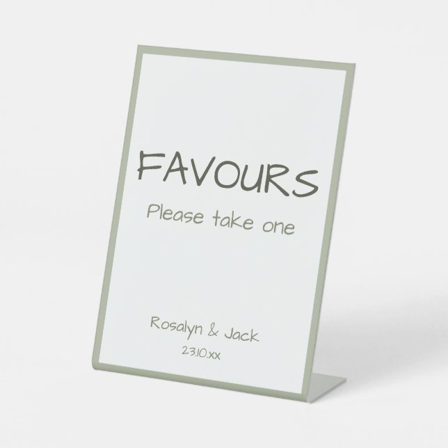 Dusty Green Casual Handwriting Wedding Favours Pedestal Sign (Front)
