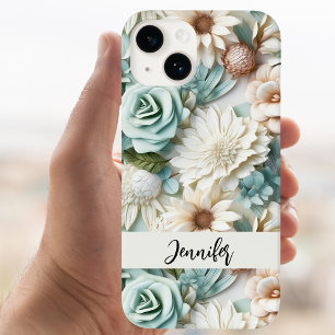 Dusty green cream flowers name script iPhone 15 case