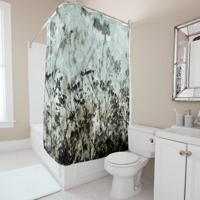 Dusty Green Dark Brown Botanical Queen Anne Floral Shower Curtain (In Situ)