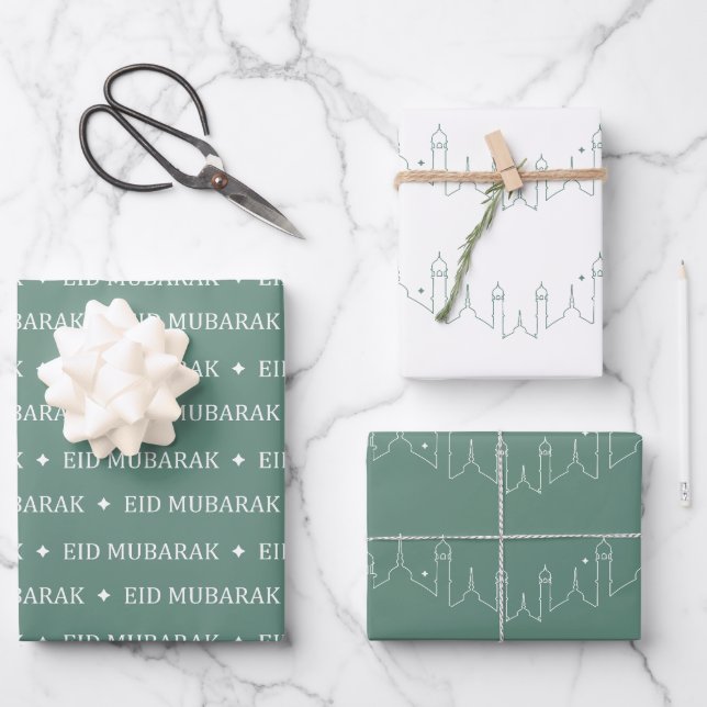 Dusty Green Eid Mubarak Masjid Pattern Design Wrapping Paper Sheet (Front)