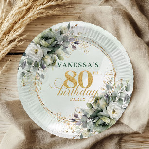 Dusty Green Eucalyptus 80th Birthday Botanical Paper Plate