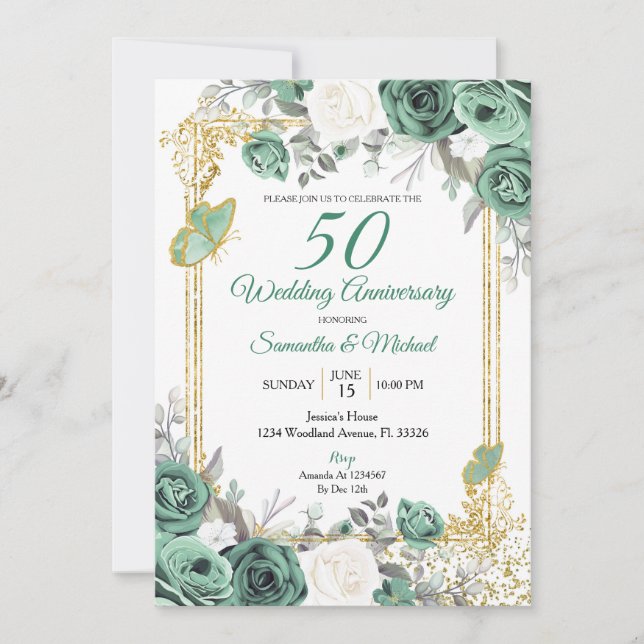 Dusty Green Floral Gold 50th Wedding Anniversary Invitation (Front)