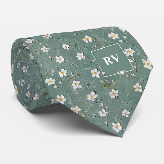 Dusty Green Floral Monogram Tie (Rolled)
