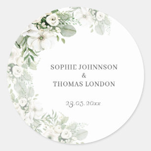 Dusty green floral rose watercolor wedding classic round sticker
