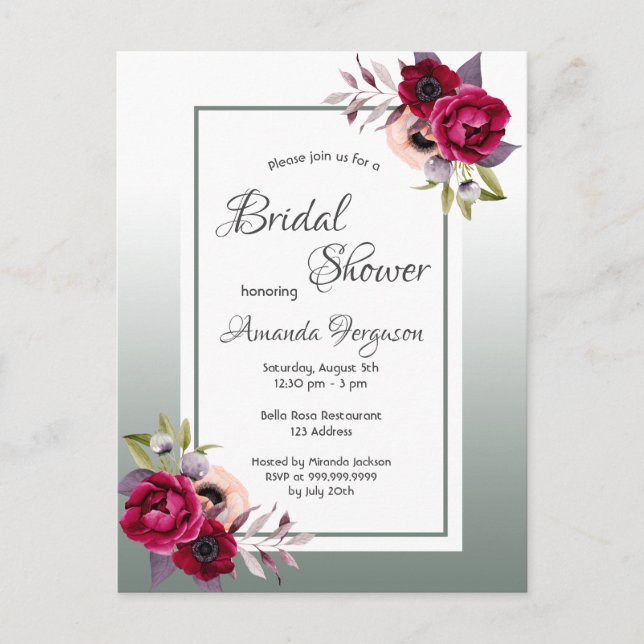 Dusty green florals bridal shower invitation postcard (Front)