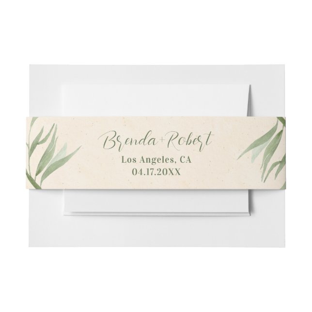 Dusty Green Foliage Beige Paper  Invitation Belly Band (Front Example)