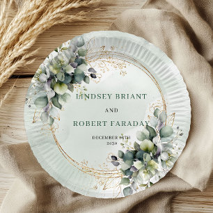 Dusty Green Foliage Watercolor Wedding Paper Plate