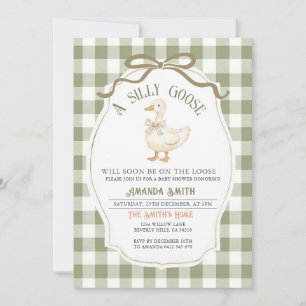 Dusty Green Gingham Goose Baby Shower  Invitation