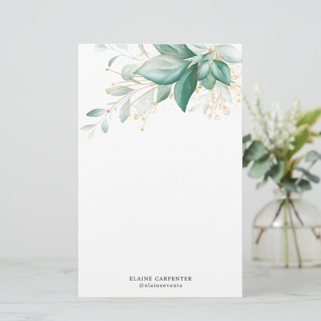 Dusty Green Gold Eucalyptus Greenery Monogram Stationery (Standing Front)