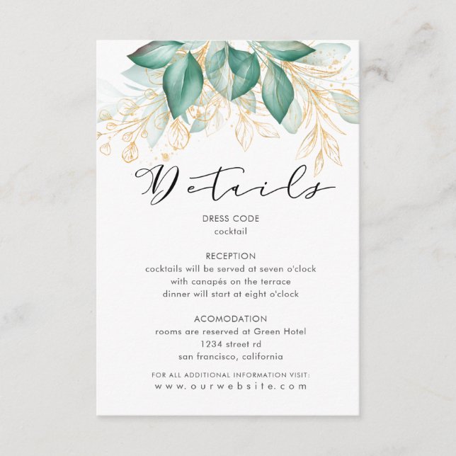 dusty green gold eucalyptus greenery reception enclosure card (Front)