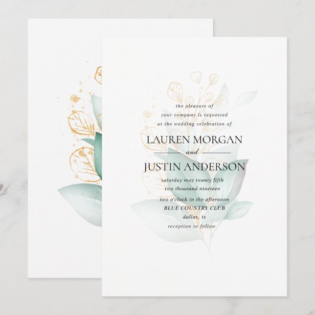 dusty green gold eucalyptus greenery wedding invitation (Front/Back)