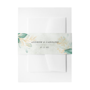 dusty green gold eucalyptus greenery wedding invitation belly band