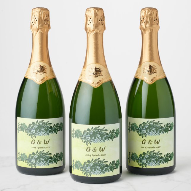 Dusty Green Greenery Rustic Wine & Sparkling Wine  Sparkling Wine Label (Bottles)