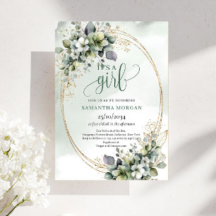 Dusty Green Greenery Style It’s A Girl Invitation