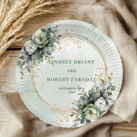 Dusty Green Greenery Watercolor Wedding Paper Plat