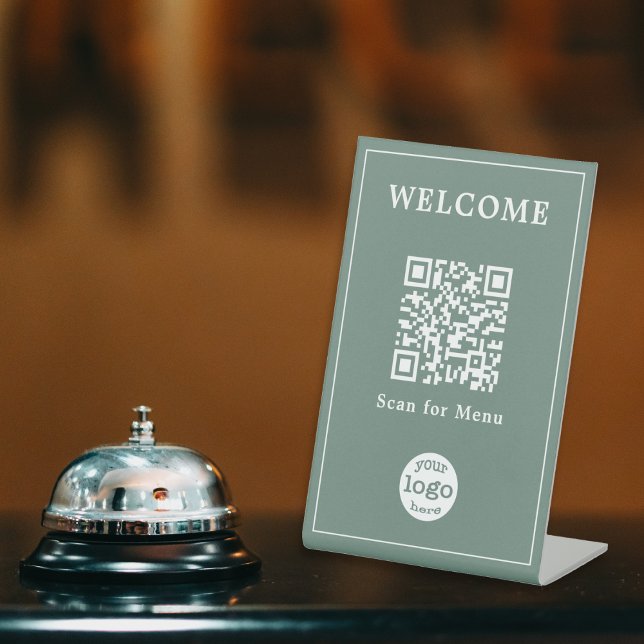 Dusty Green Hotel Cafe Menu QR Code Business Logo Pedestal Sign (Dusty Green Hotel Cafe Menu QR Code Business Logo Pedestal Sign)