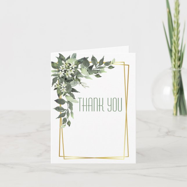 Dusty Green Leaves with White Flowers Thank You Card (Front)