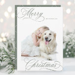 Dusty Green Merry Christmas Script Minimal Photo Holiday Card<br><div class="desc">Elegant and romantic swirly calligraphy lettering with a photo and a seamless pattern on the back. For more advanced customisation of this design,  please click the BLUE DESIGN TOOL BUTTON above!</div>
