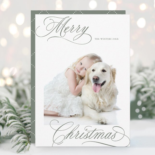 Dusty Green Merry Christmas Script Minimal Photo Holiday Card (Creator Uploaded)