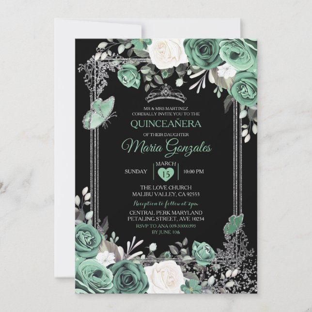 Dusty Green Mexican Charra Mis Quince Butterfly Invitation (Front)