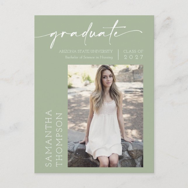 Dusty Green Minimal Script She Did It Photo Grad Postcard (Front)