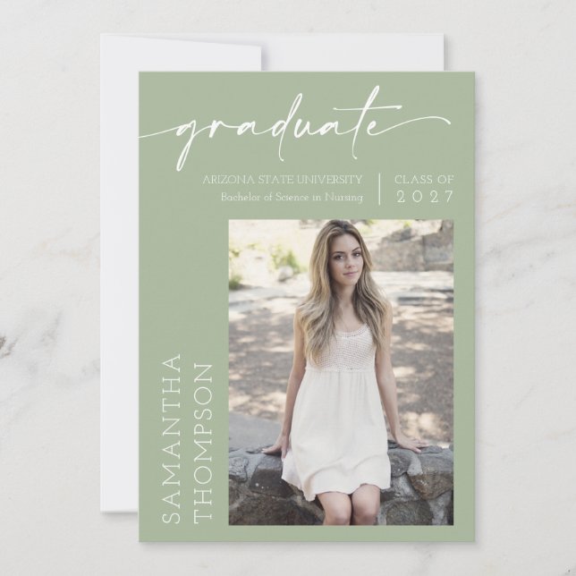 Dusty Green Minimalist Two Photo Graduation Party Invitation (Front)