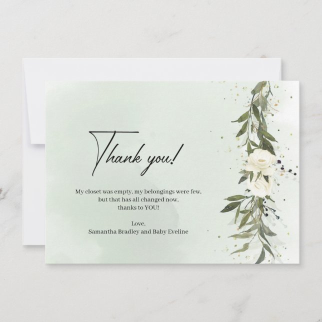 Dusty green olive foliage Greenery white roses Thank You Card (Front)