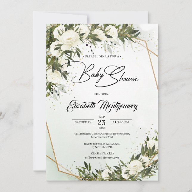 Dusty Green Olive Foliage White Roses Gold Frame Invitation (Front)