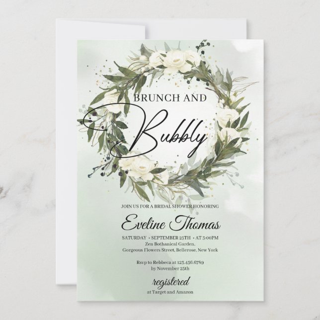 Dusty green olive wreath floral brunch and bubbly invitation (Front)