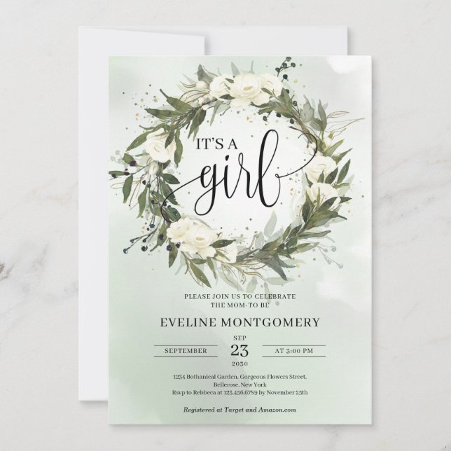Dusty Green Olive Wreath White Roses It's a girl Invitation (Front)