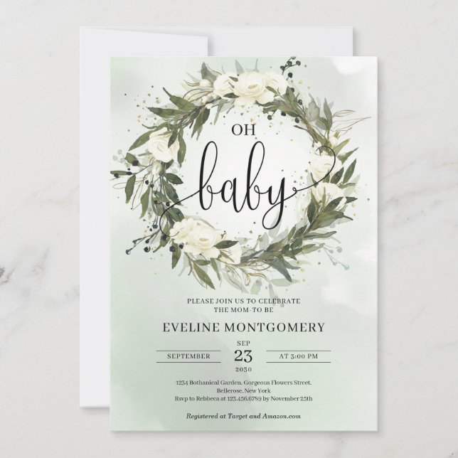 Dusty Green Olive Wreath White Roses Oh Baby Invitation (Front)