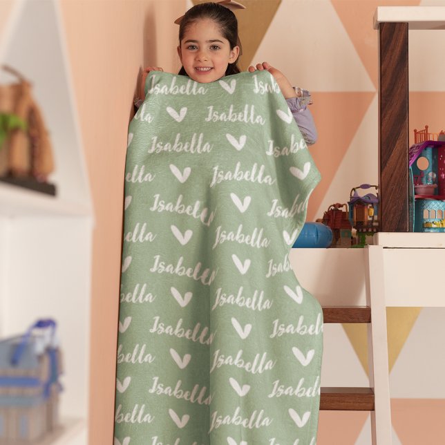 Dusty Green Personalised Name Blanket with Hearts (Creator Uploaded)