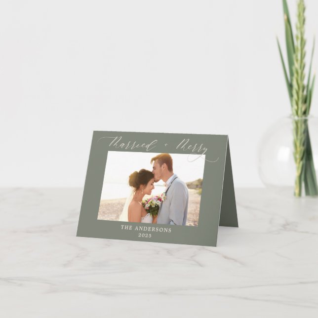 Dusty Green Photo Newly Merry Married Christmas  Thank You Card (Front)