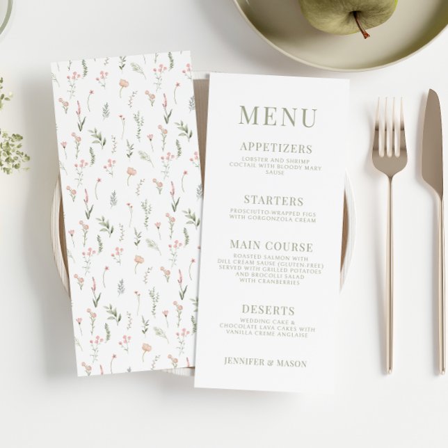 Dusty green pink flower rustic wedding menu cards (Creator Uploaded)