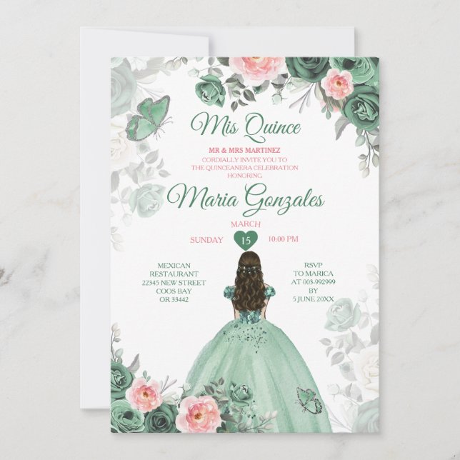 Dusty Green Pink Mis Quince 15 Anos Crown Invitation (Front)