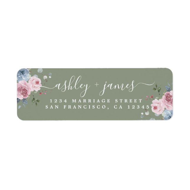 Dusty Green Pink Rose Return Address Label (Front)