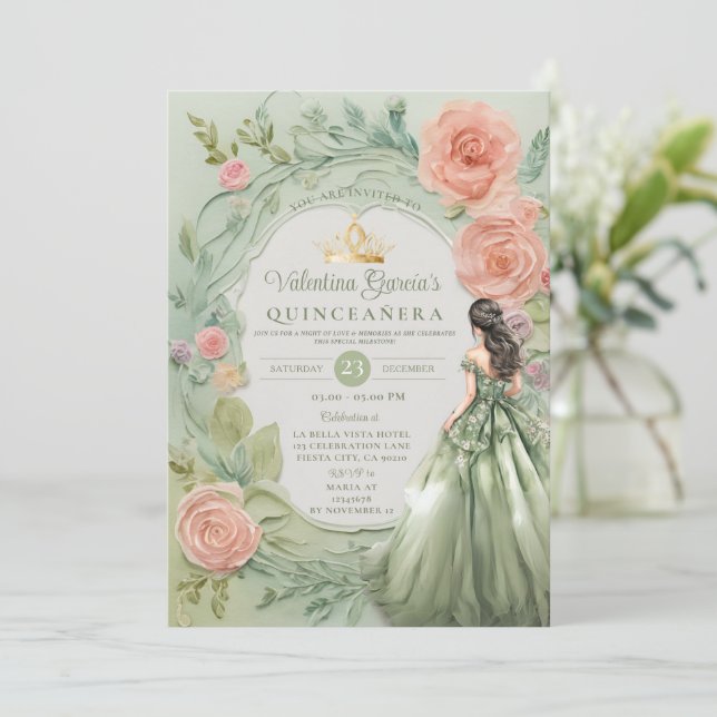 Dusty Green Quinceañera 15 Anos Flowers Gold  Invitation (Standing Front)