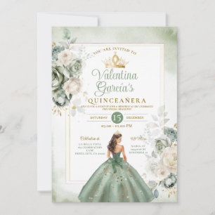 Dusty Green Quinceañera 15 Anos Gold Crown Invitation