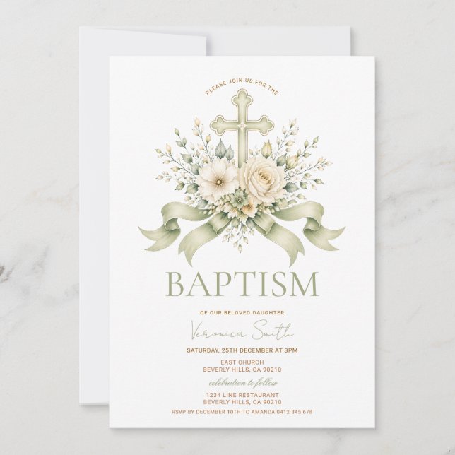 Dusty Green Sage Green Baptism Invitation (Front)