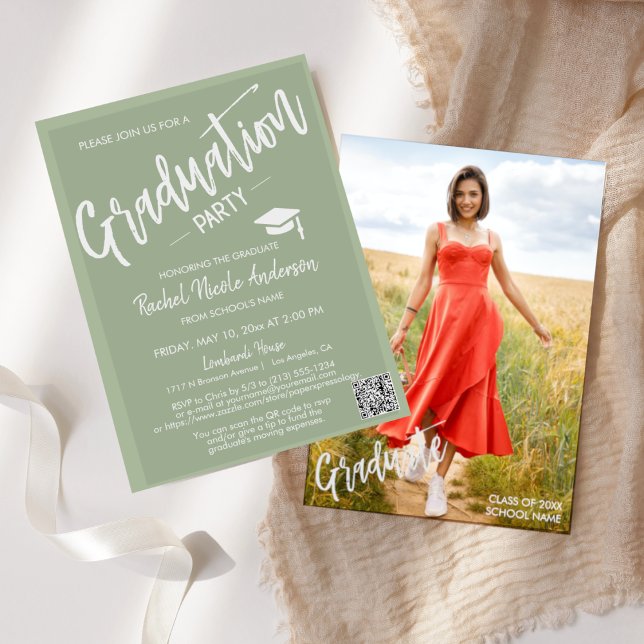 Dusty Green Script QR Code Photo Graduation Party Invitation (Creator Uploaded)