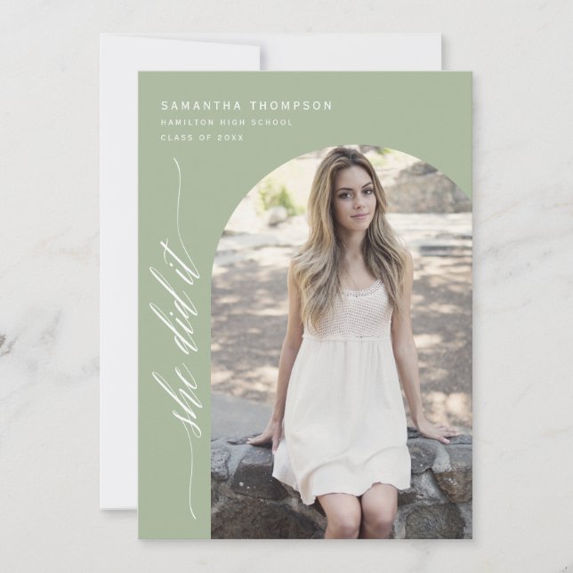 Dusty Green She Did It Graduation Arch Photo Invit Invitation (Front)