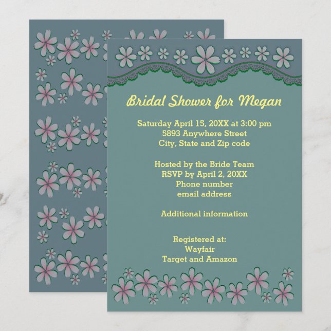 Dusty Green Six Petal Flower Bridal Shower Invite (Front/Back)