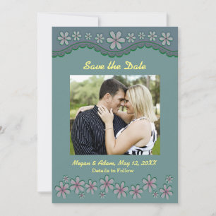 Dusty Green Six Petal Flower Save the Date Card