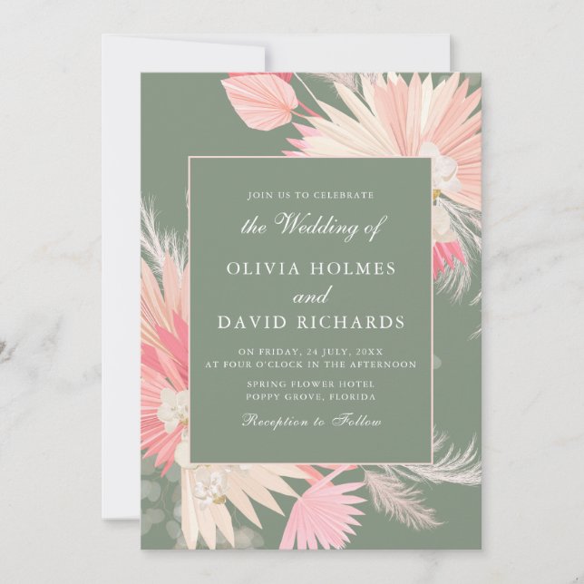 Dusty Green Tropical Orchid Wedding Invitation (Front)